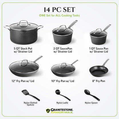 Ensemble de cuisine Granitestone Armor Max 14 pièces en acier anodisé dur.