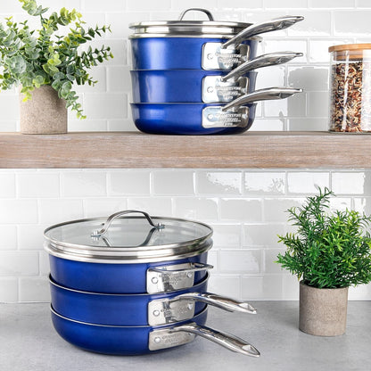 Ensemble de casseroles et poêles antiadhésives Granitestone Blue 15 pièces Stackmaster avec couvercles en verre