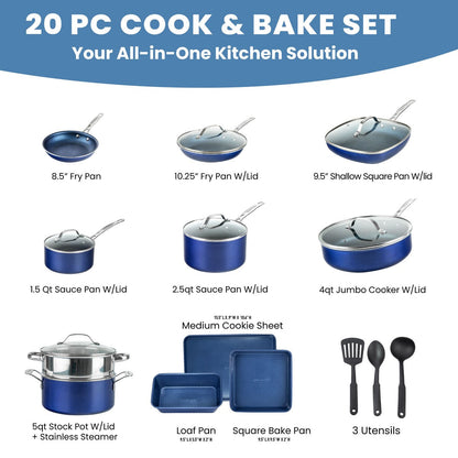 Ensemble de cuisine antiadhésif Granitestone bleu, 20 pièces