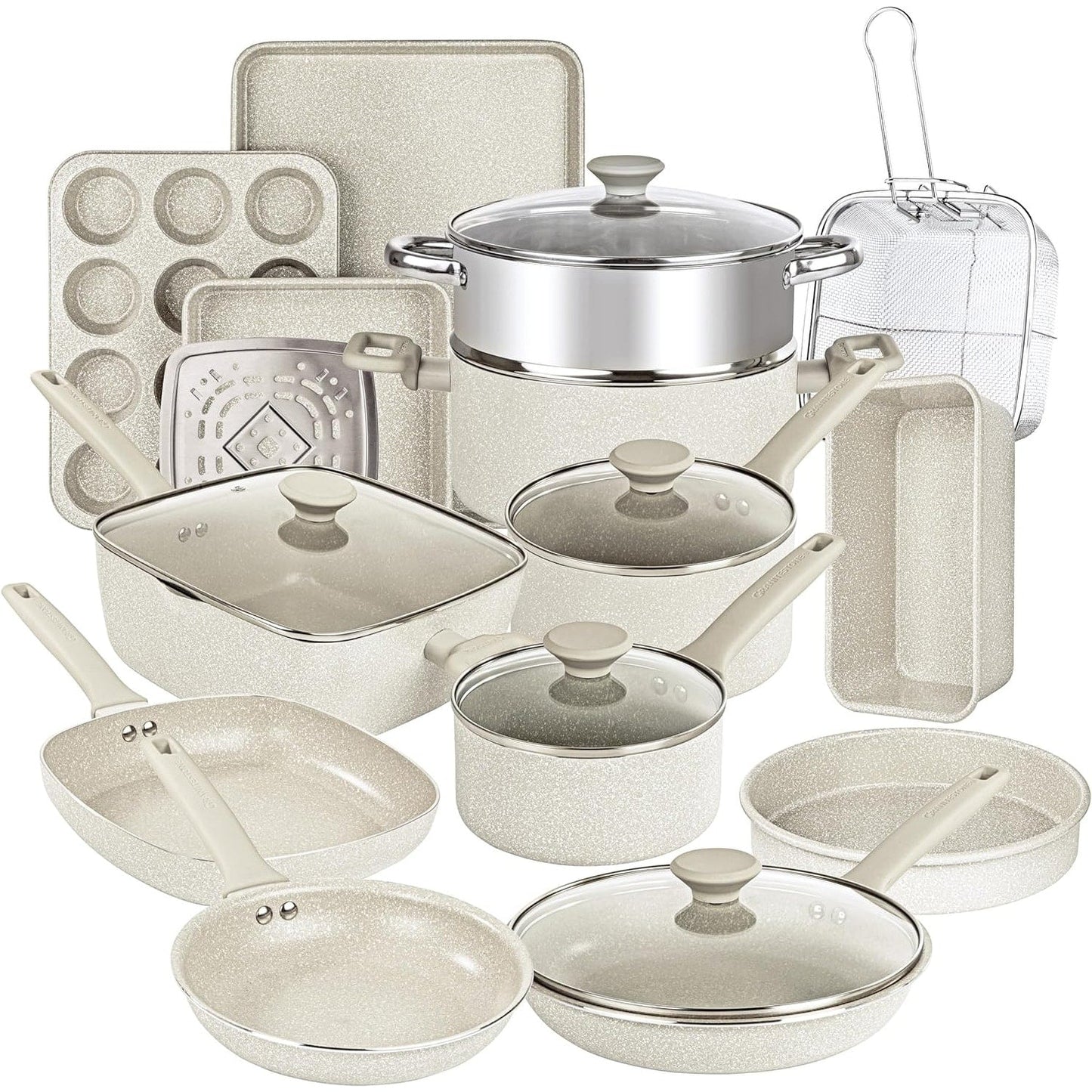 Ensemble de 20 pièces de casseroles et de plaques à pâtisserie antiadhésives Granitestone couleur crème désert.