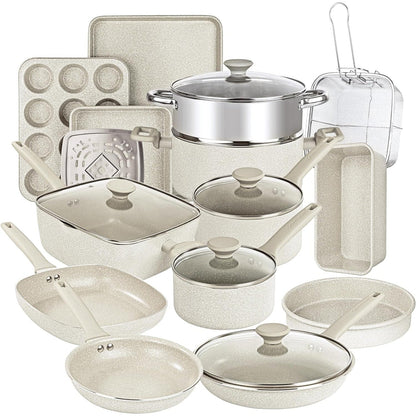 Ensemble de 20 pièces de casseroles et de plaques à pâtisserie antiadhésives Granitestone couleur crème désert.
