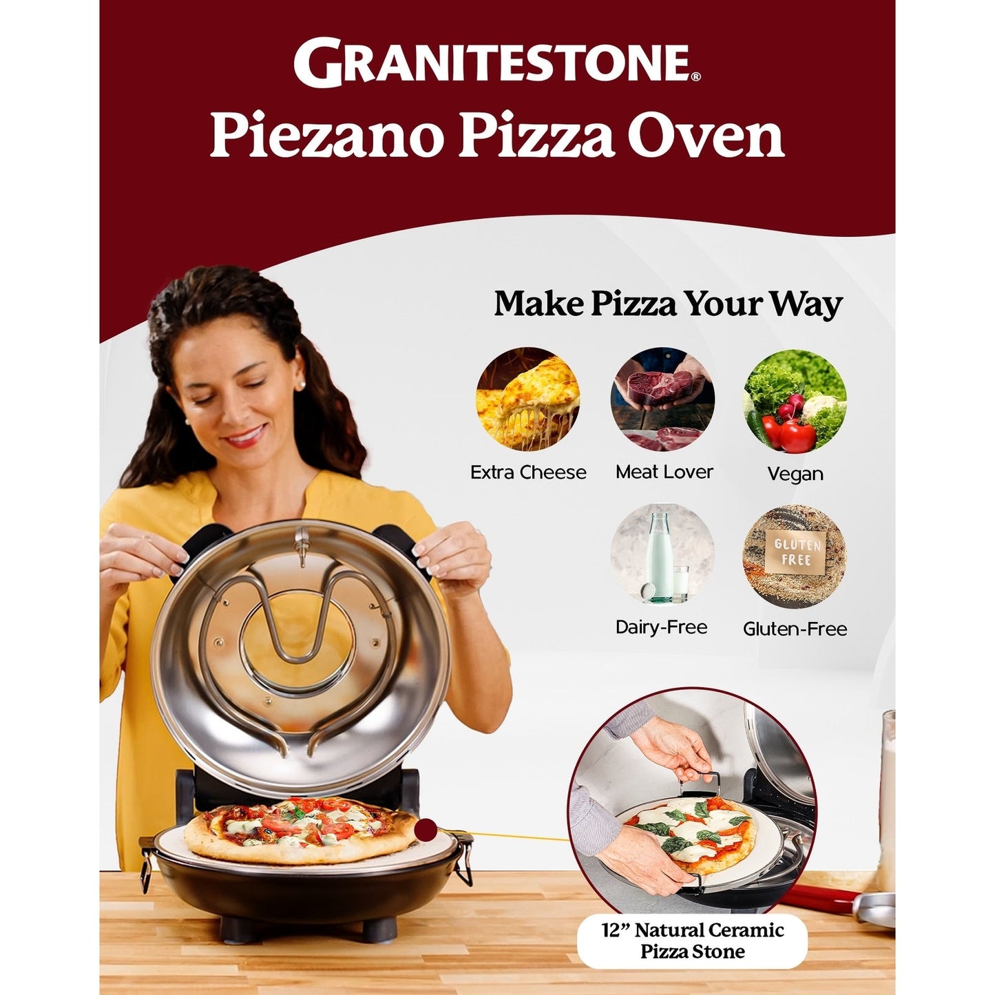 Four à pizza électrique Granitestone Piezano pour intérieur/extérieur avec pierre de céramique