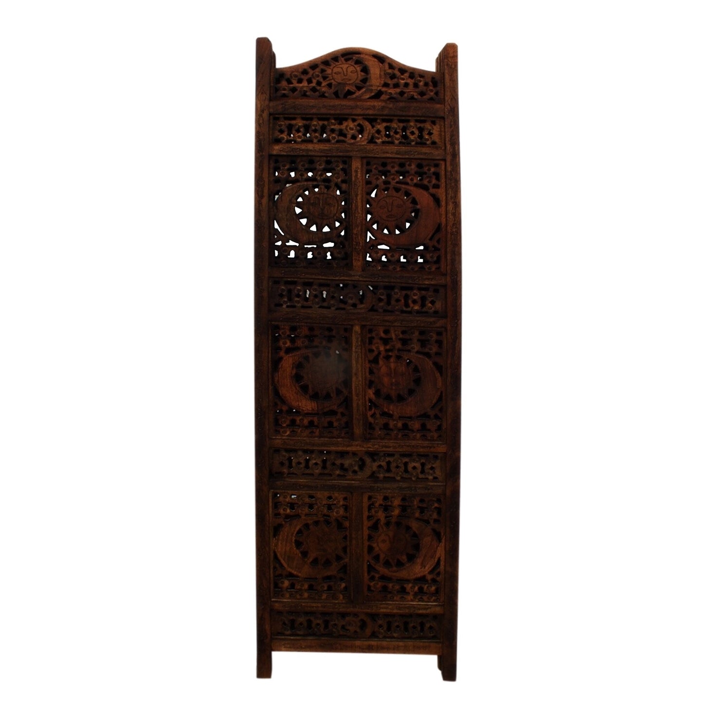 Paravent en bois pliable à 4 panneaux, design soleil et lune sculpté à la main, marron.