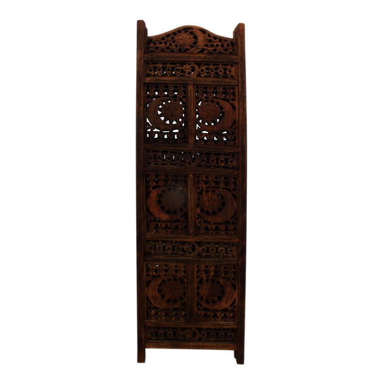 Paravent en bois pliable à 4 panneaux, design soleil et lune sculpté à la main, marron.