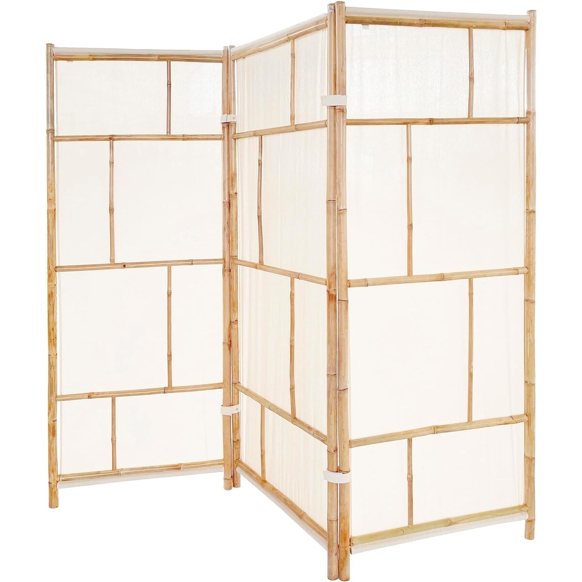 Paravent pliable en bambou artisanal à 3 panneaux, tissu écru.