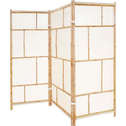 Paravent pliable en bambou artisanal à 3 panneaux, tissu écru.