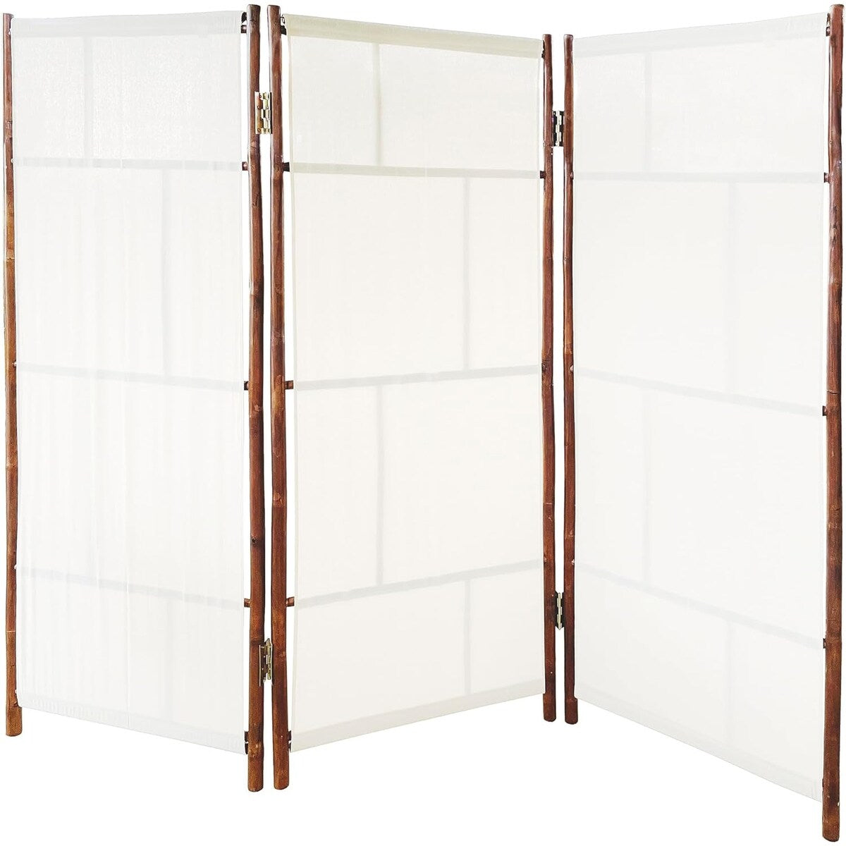 Paravent pliable en bambou artisanal à 3 panneaux, tissu écru.