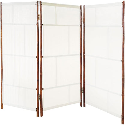Paravent pliable en bambou artisanal à 3 panneaux, tissu écru.