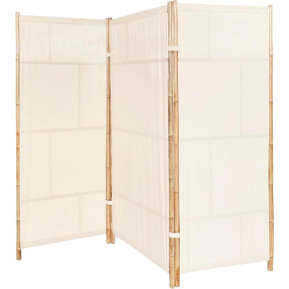 Paravent pliable en bambou artisanal à 3 panneaux, tissu écru.