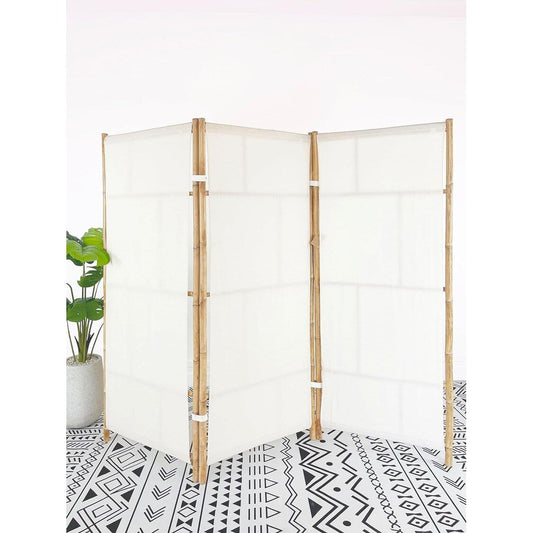 Paravent pliable en bambou artisanal à 3 panneaux, tissu écru.