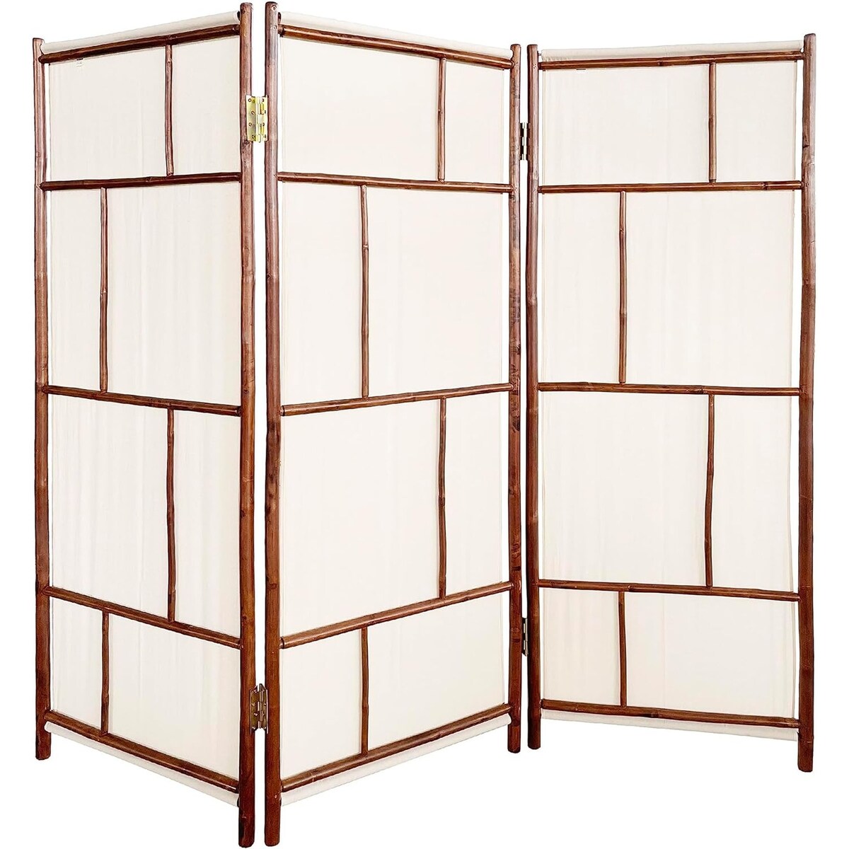 Paravent pliable en bambou artisanal à 3 panneaux, tissu écru.