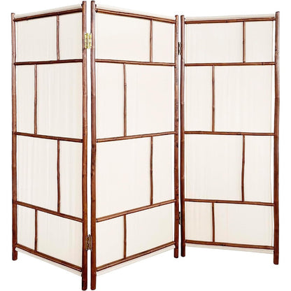 Paravent pliable en bambou artisanal à 3 panneaux, tissu écru.