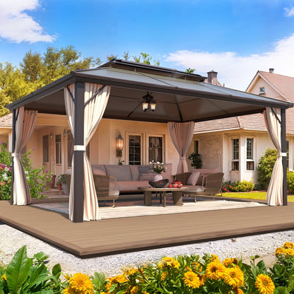 Gazebo à toit rigide pour jardin – Pergola permanente avec moustiquaire, rideaux et double toit, abri extérieur toutes saisons