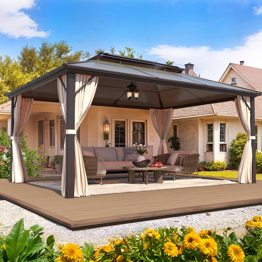 Gazebo à toit rigide pour jardin – Pergola permanente avec moustiquaire, rideaux et double toit, abri extérieur toutes saisons
