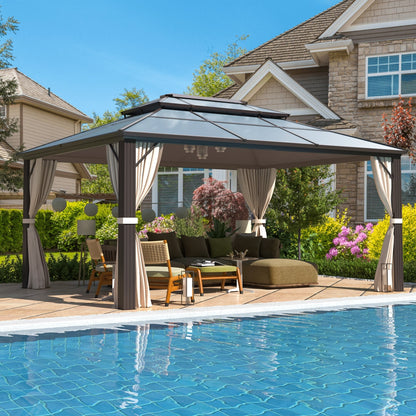 Gazebo à toit rigide pour jardin – Pergola permanente avec moustiquaire, rideaux et double toit, abri extérieur toutes saisons