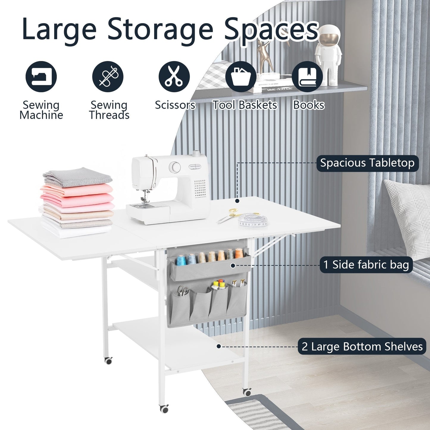 Table d'artisanat à hauteur réglable avec étagères de rangement, table de coupe pliable mobile pour le bureau à domicile, la salle de couture, la salle d'artisanat.