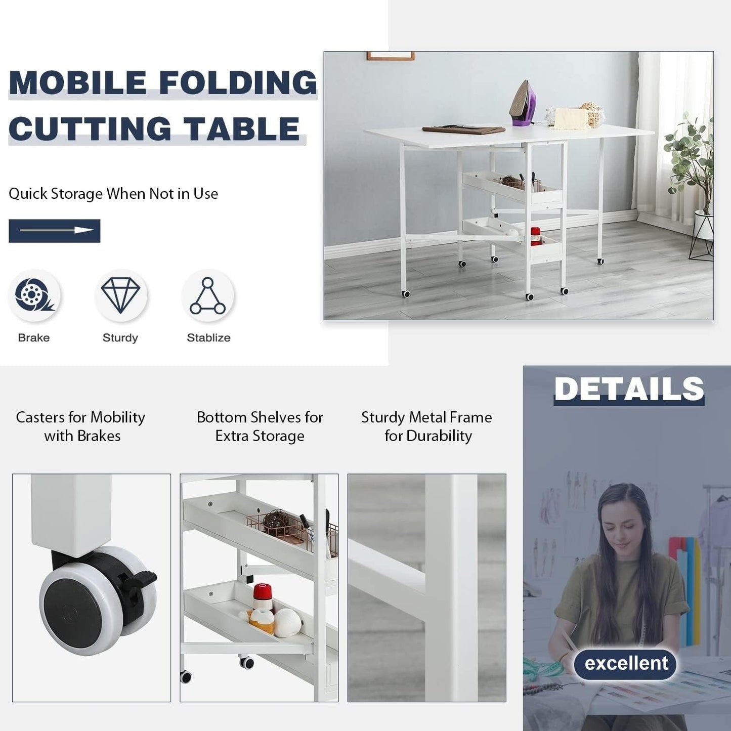 Table d'artisanat à hauteur réglable avec étagères de rangement, table de coupe pliable mobile pour le bureau à domicile, la salle de couture, la salle d'artisanat.