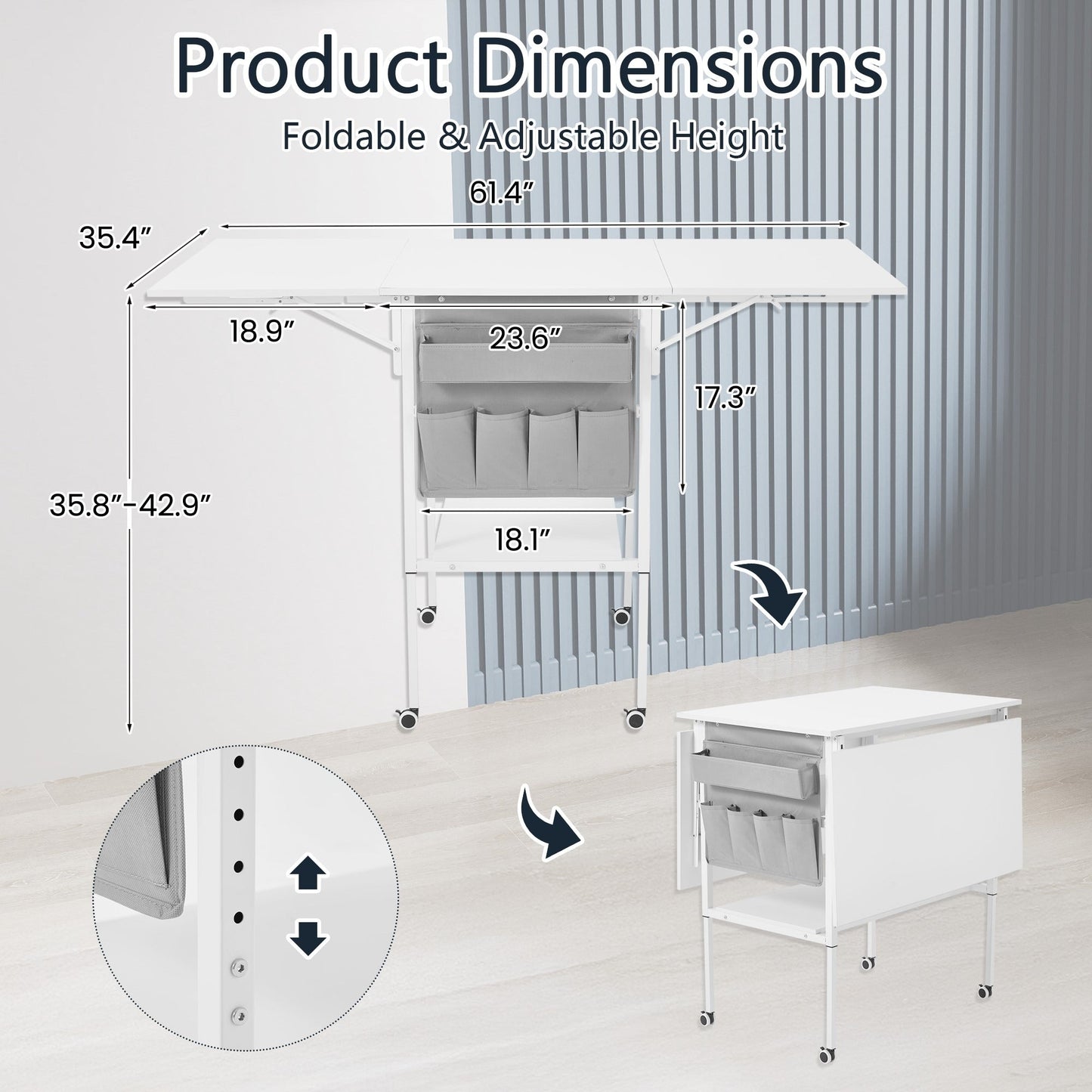 Table d'artisanat à hauteur réglable avec étagères de rangement, table de coupe pliable mobile pour le bureau à domicile, la salle de couture, la salle d'artisanat.