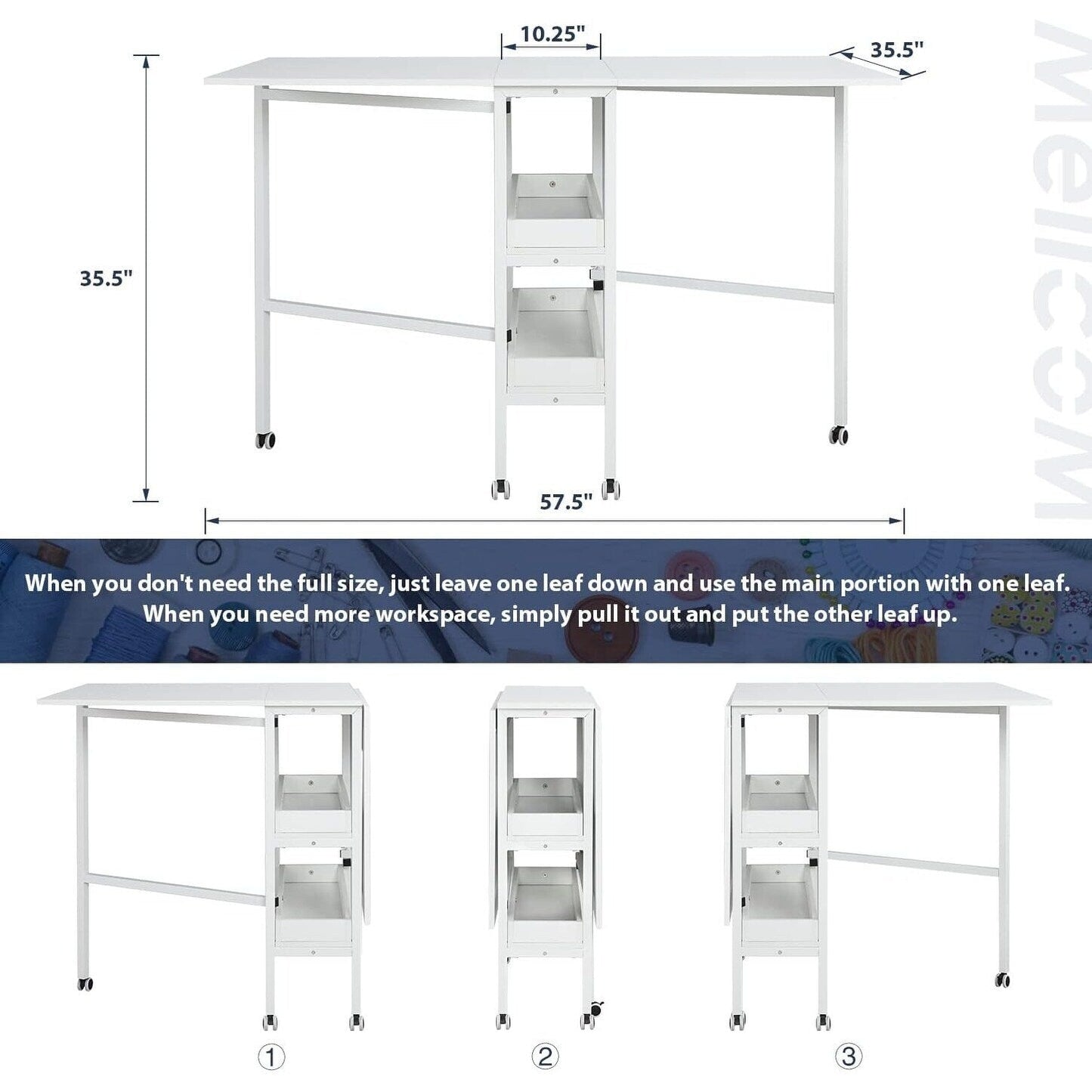 Table d'artisanat à hauteur réglable avec étagères de rangement, table de coupe pliable mobile pour le bureau à domicile, la salle de couture, la salle d'artisanat.