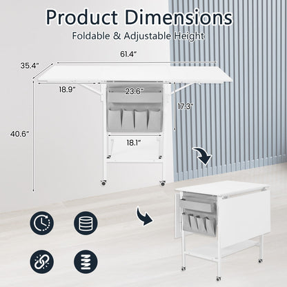 Table d'artisanat à hauteur réglable avec étagères de rangement, table de coupe pliable mobile pour le bureau à domicile, la salle de couture, la salle d'artisanat.