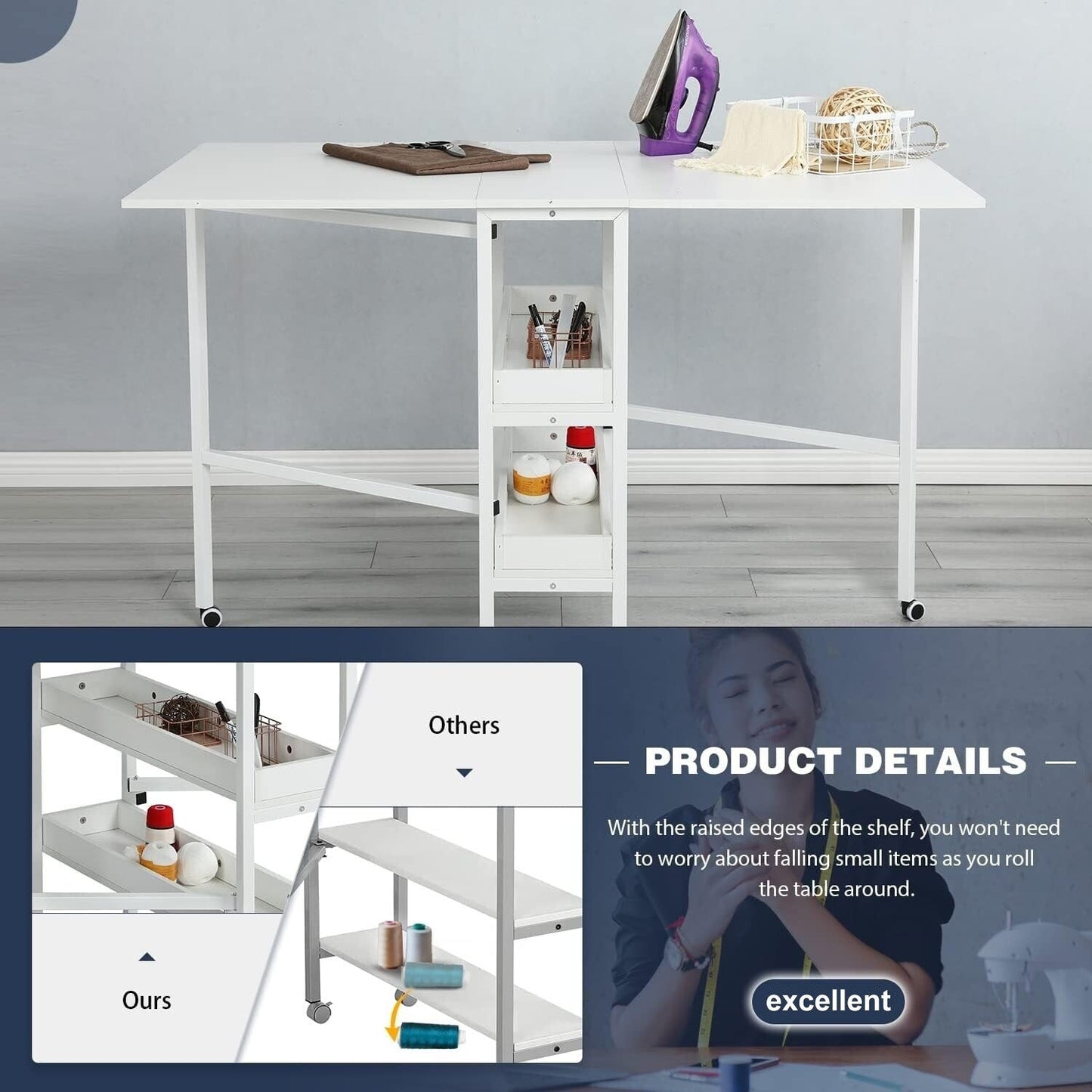 Table d'artisanat à hauteur réglable avec étagères de rangement, table de coupe pliable mobile pour le bureau à domicile, la salle de couture, la salle d'artisanat.