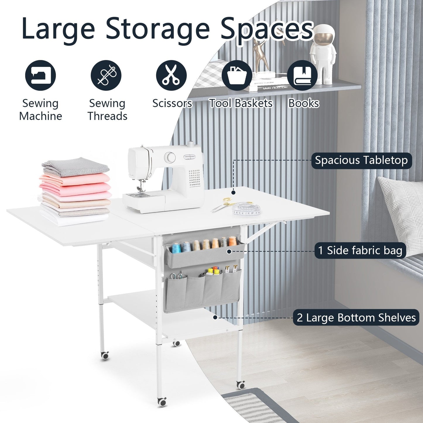 Table d'artisanat à hauteur réglable avec étagères de rangement, table de coupe pliable mobile pour le bureau à domicile, la salle de couture, la salle d'artisanat.