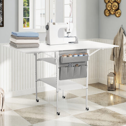 Table d'artisanat à hauteur réglable avec étagères de rangement, table de coupe pliable mobile pour le bureau à domicile, la salle de couture, la salle d'artisanat.