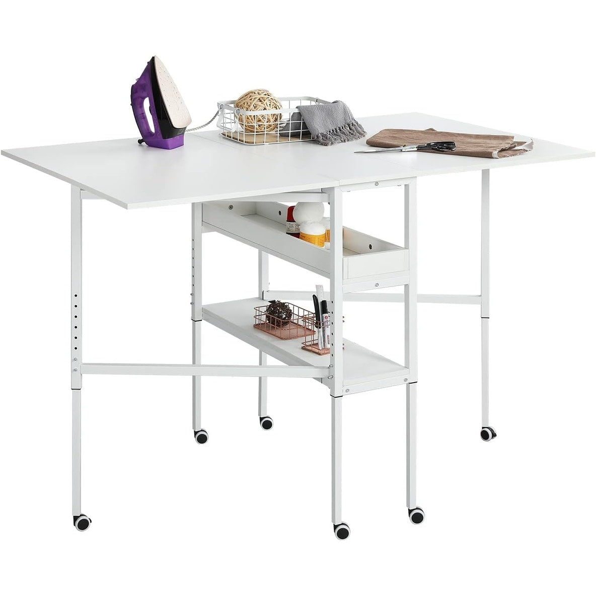 Table d'artisanat à hauteur réglable avec étagères de rangement, table de coupe pliable mobile pour le bureau à domicile, la salle de couture, la salle d'artisanat.