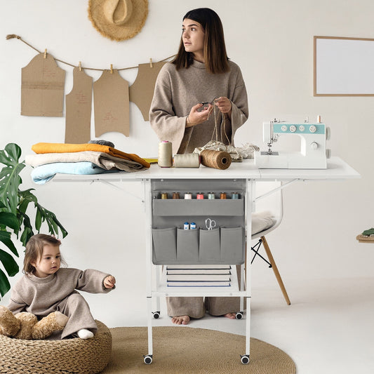 Table d'artisanat à hauteur réglable avec étagères de rangement, table de coupe pliable mobile pour le bureau à domicile, la salle de couture, la salle d'artisanat.