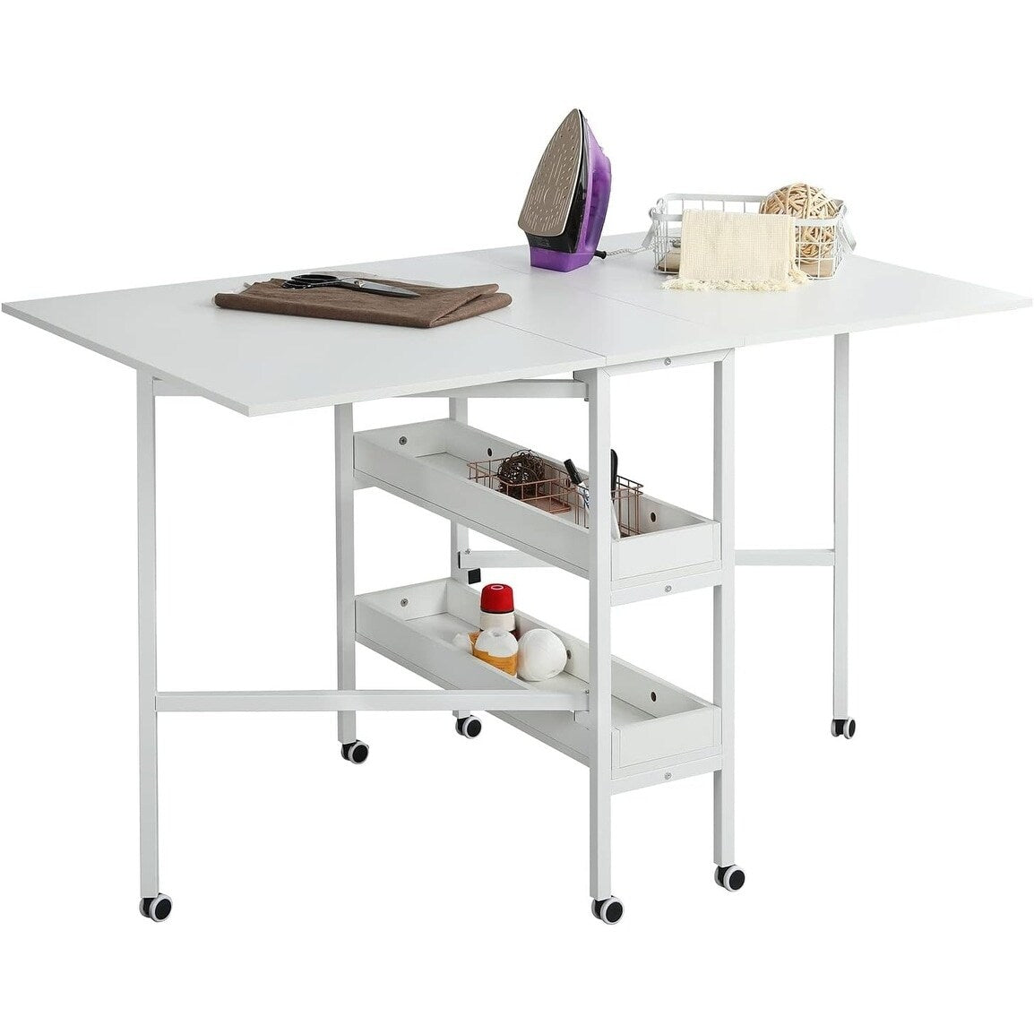 Table d'artisanat à hauteur réglable avec étagères de rangement, table de coupe pliable mobile pour le bureau à domicile, la salle de couture, la salle d'artisanat.