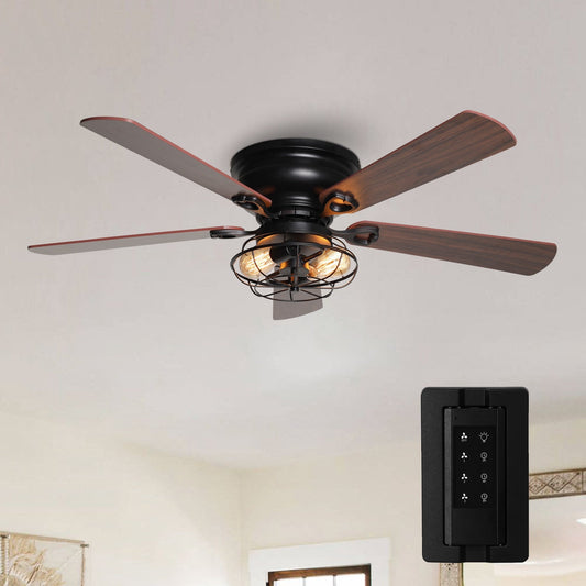 Ventilateur de plafond encastré à 5 pales en bois de 122 cm (48 pouces) de style rustique, à profil bas, noir, avec télécommande et kit d'éclairage.