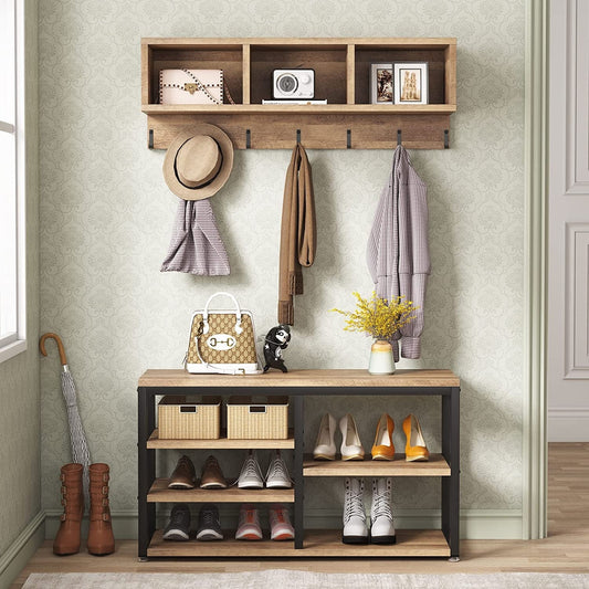 Ensemble porte-manteau et banc à chaussures pour entrée, porte-manteau et rangement à chaussures style industriel