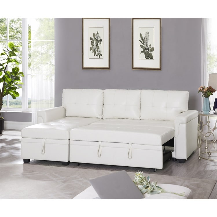Canapé d'angle convertible et réversible avec lit escamotable, chaise longue avec rangement intégré et pieds robustes.