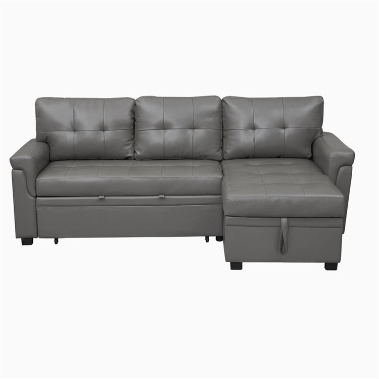 Canapé d'angle convertible et réversible avec lit escamotable, chaise longue avec rangement intégré et pieds robustes.