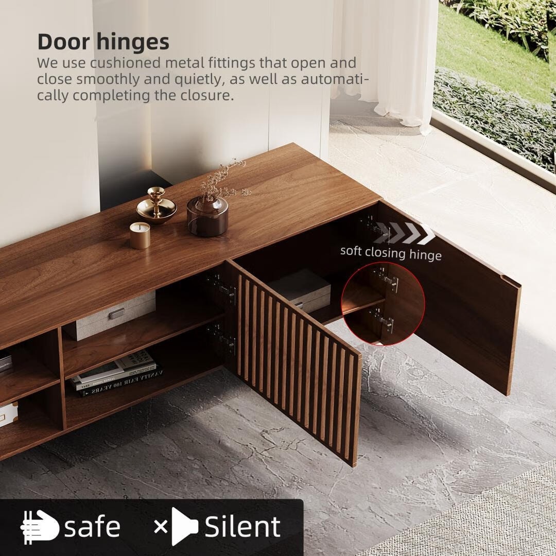 Meuble TV style Mid-Century Modern avec 4 portes et rangements, compatible avec les télévisions jusqu'à 100 pouces, meuble de salon pour système multimédia.