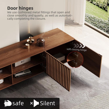 Meuble TV style Mid-Century Modern avec 4 portes et rangements, compatible avec les télévisions jusqu'à 100 pouces, meuble de salon pour système multimédia.
