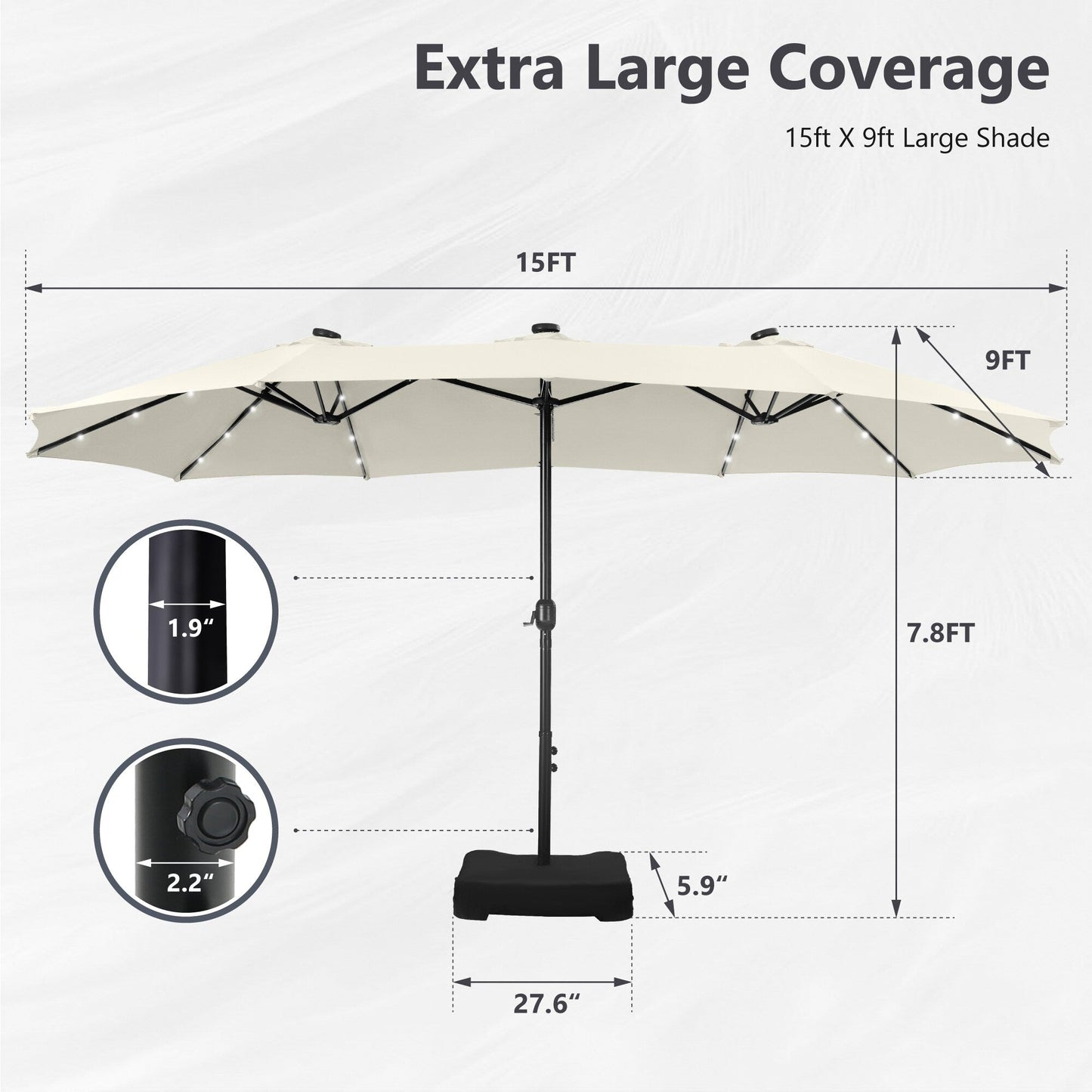MAISON ARTS Parasol de jardin rectangulaire à manivelle de 4,5 mètres, double face, avec éclairage solaire à LED, pour terrasse, avec socle inclus.