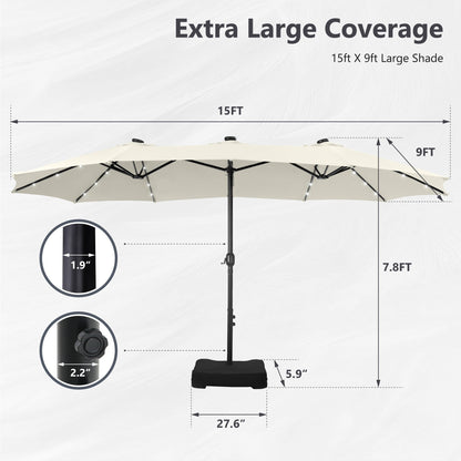MAISON ARTS Parasol de jardin rectangulaire à manivelle de 4,5 mètres, double face, avec éclairage solaire à LED, pour terrasse, avec socle inclus.