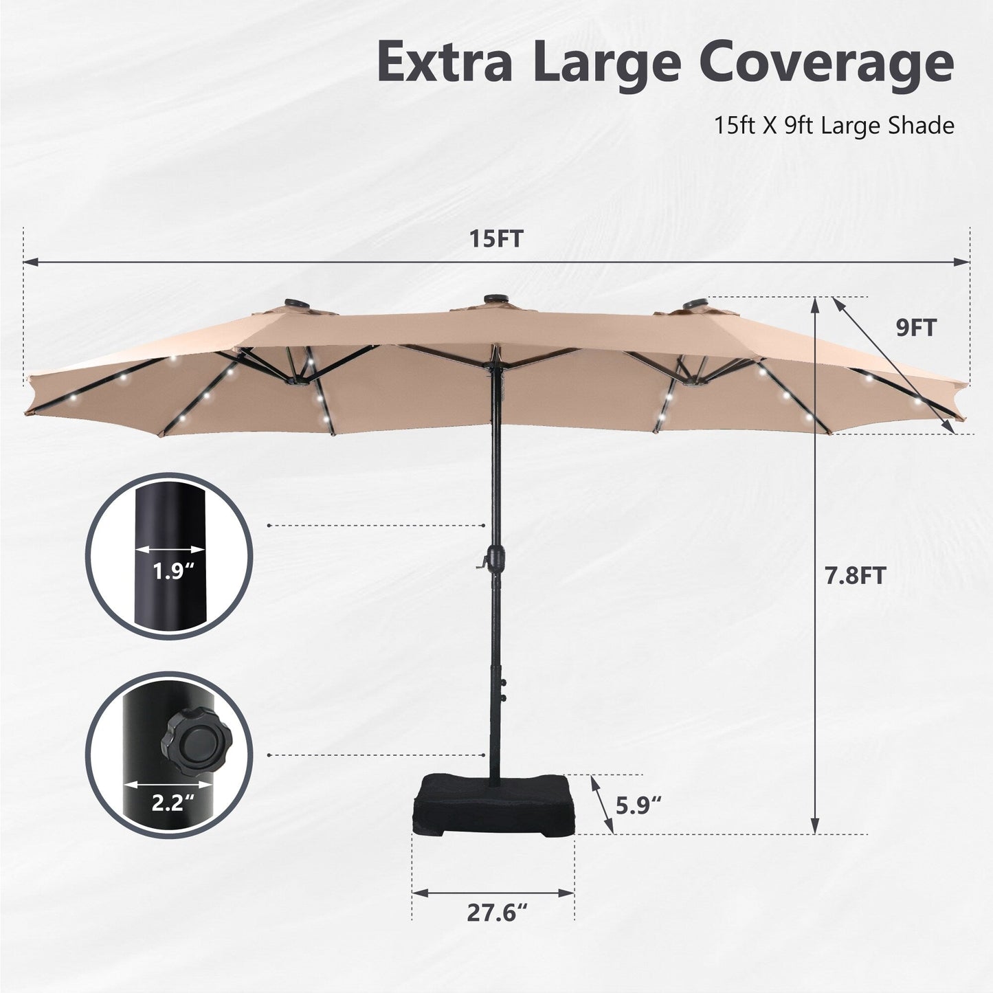 MAISON ARTS Parasol de jardin rectangulaire à manivelle de 4,5 mètres, double face, avec éclairage solaire à LED, pour terrasse, avec socle inclus.