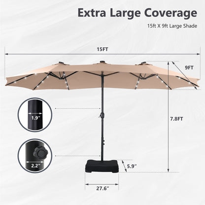 MAISON ARTS Parasol de jardin rectangulaire à manivelle de 4,5 mètres, double face, avec éclairage solaire à LED, pour terrasse, avec socle inclus.