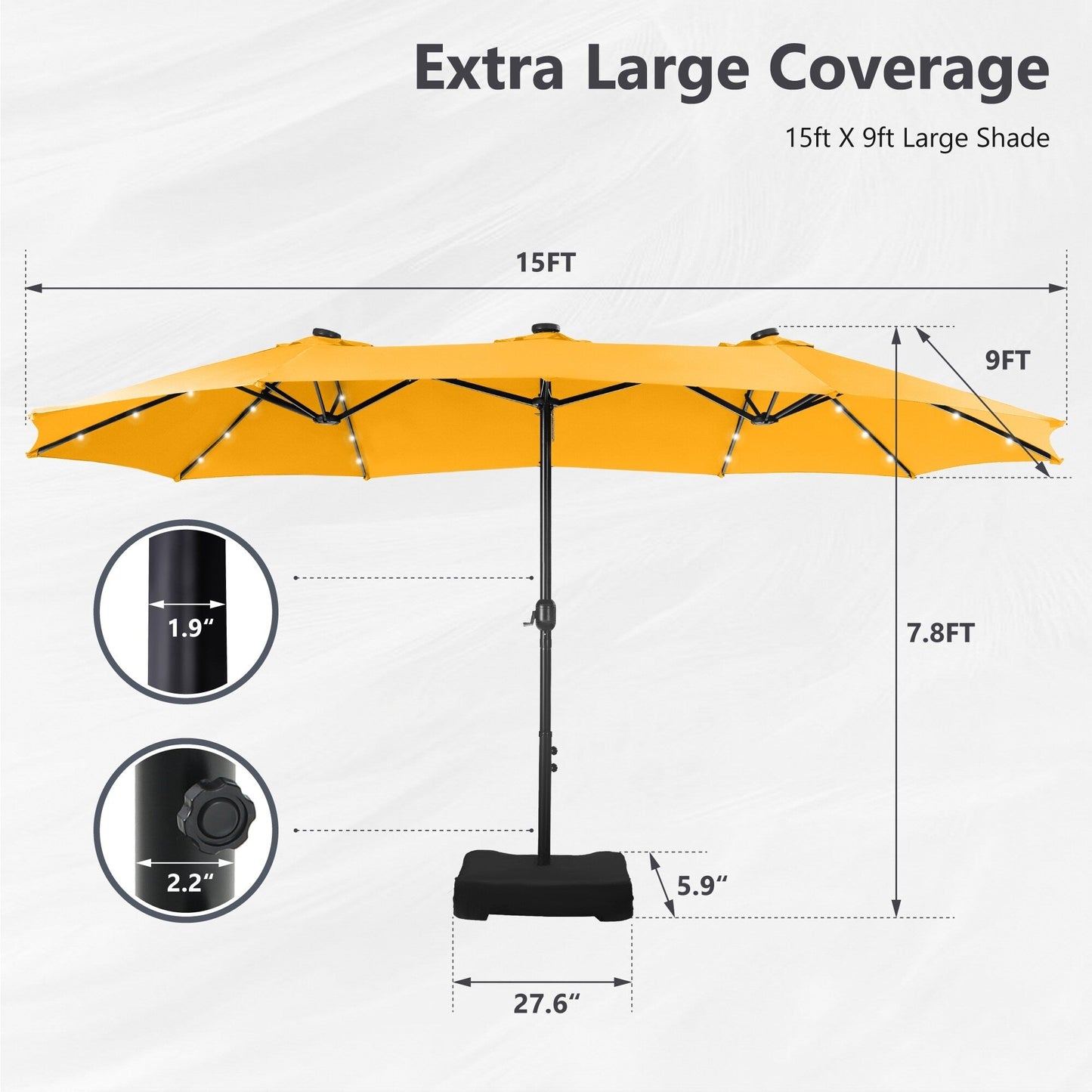 MAISON ARTS Parasol de jardin rectangulaire à manivelle de 4,5 mètres, double face, avec éclairage solaire à LED, pour terrasse, avec socle inclus.