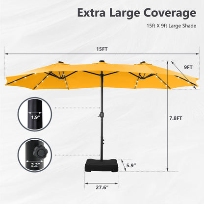 MAISON ARTS Parasol de jardin rectangulaire à manivelle de 4,5 mètres, double face, avec éclairage solaire à LED, pour terrasse, avec socle inclus.
