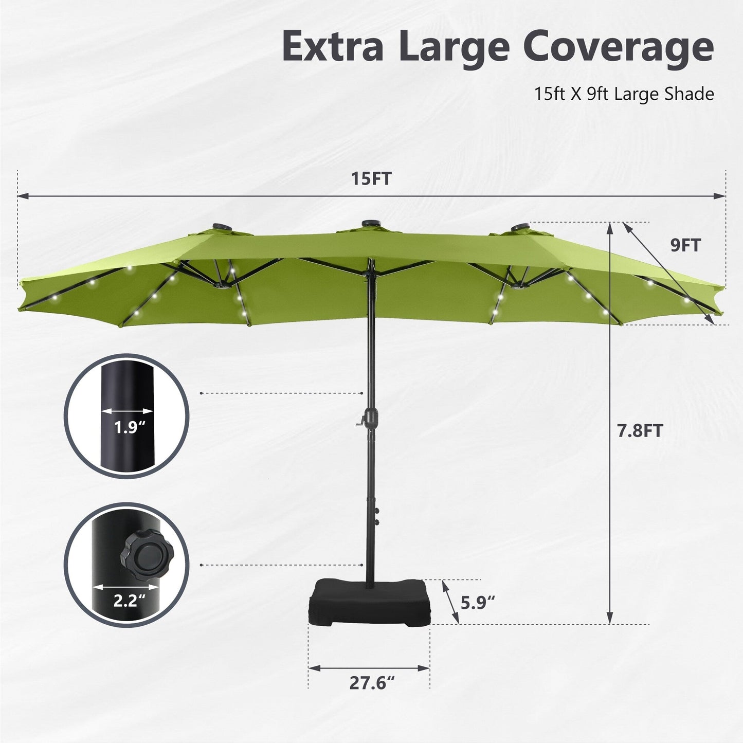 MAISON ARTS Parasol de jardin rectangulaire à manivelle de 4,5 mètres, double face, avec éclairage solaire à LED, pour terrasse, avec socle inclus.