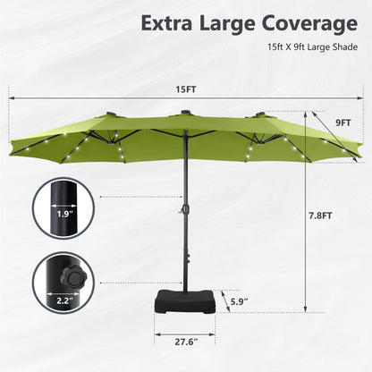 MAISON ARTS Parasol de jardin rectangulaire à manivelle de 4,5 mètres, double face, avec éclairage solaire à LED, pour terrasse, avec socle inclus.