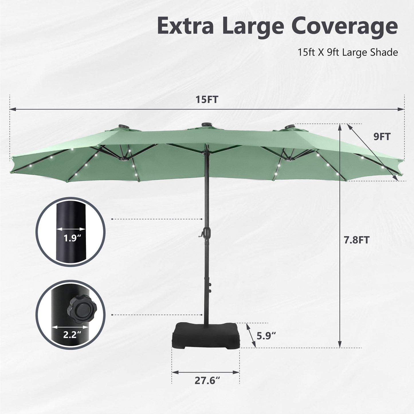 MAISON ARTS Parasol de jardin rectangulaire à manivelle de 4,5 mètres, double face, avec éclairage solaire à LED, pour terrasse, avec socle inclus.