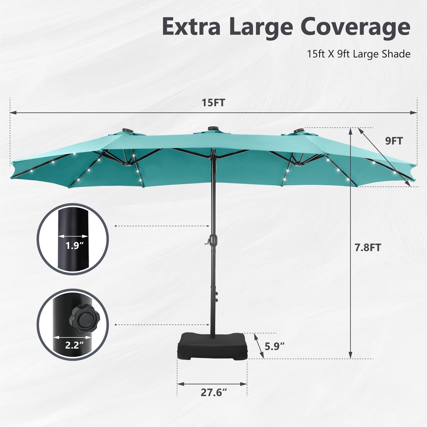 MAISON ARTS Parasol de jardin rectangulaire à manivelle de 4,5 mètres, double face, avec éclairage solaire à LED, pour terrasse, avec socle inclus.