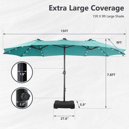 MAISON ARTS Parasol de jardin rectangulaire à manivelle de 4,5 mètres, double face, avec éclairage solaire à LED, pour terrasse, avec socle inclus.