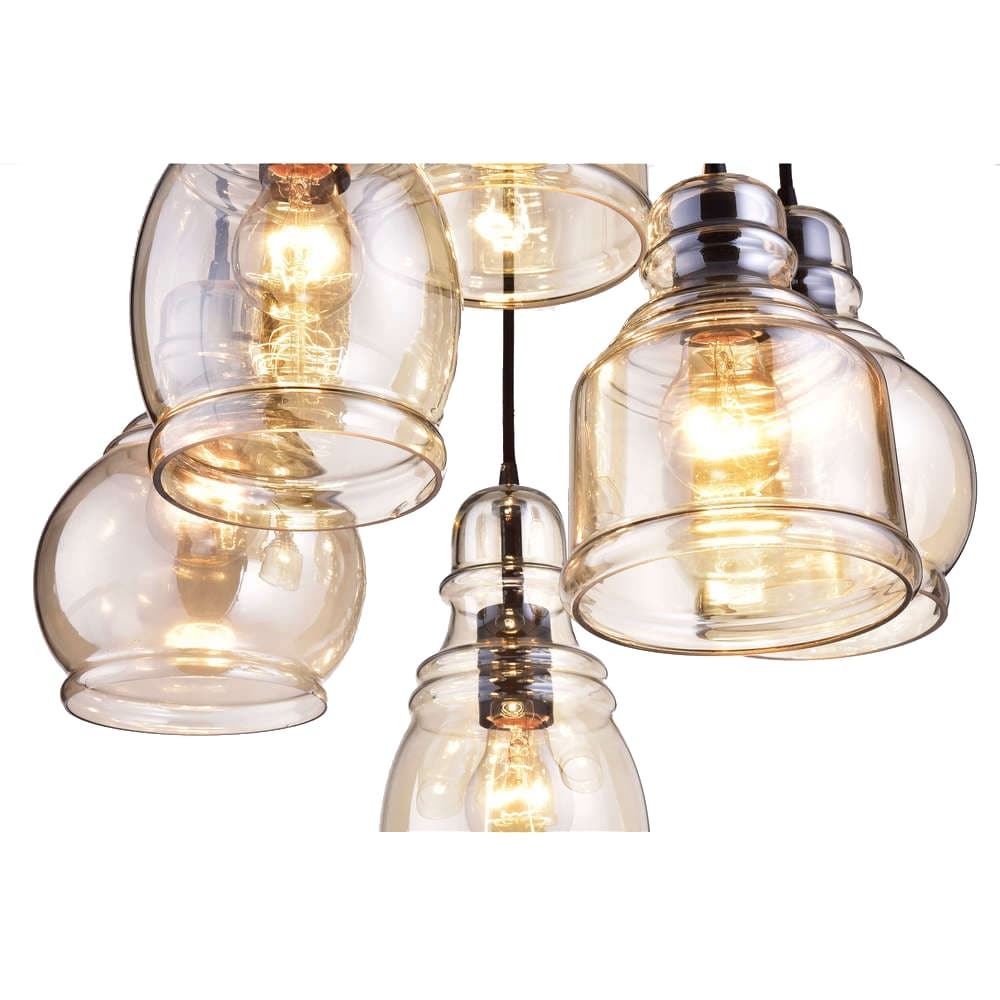 Suspension à 6 lumières Mariana en verre Cognac, noir antique et base ronde