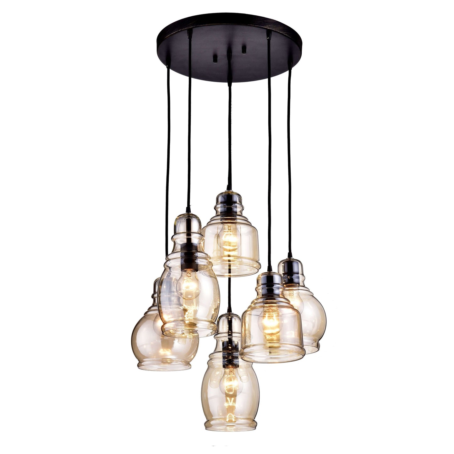 Suspension à 6 lumières Mariana en verre Cognac, noir antique et base ronde