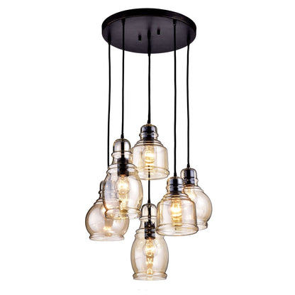 Suspension à 6 lumières Mariana en verre Cognac, noir antique et base ronde
